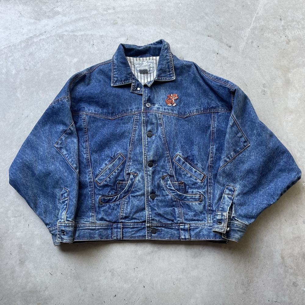 Vintage Searsi Cropped Denim Jacket Large Boxy Fit Tiger Patch Trucker 80s 90s